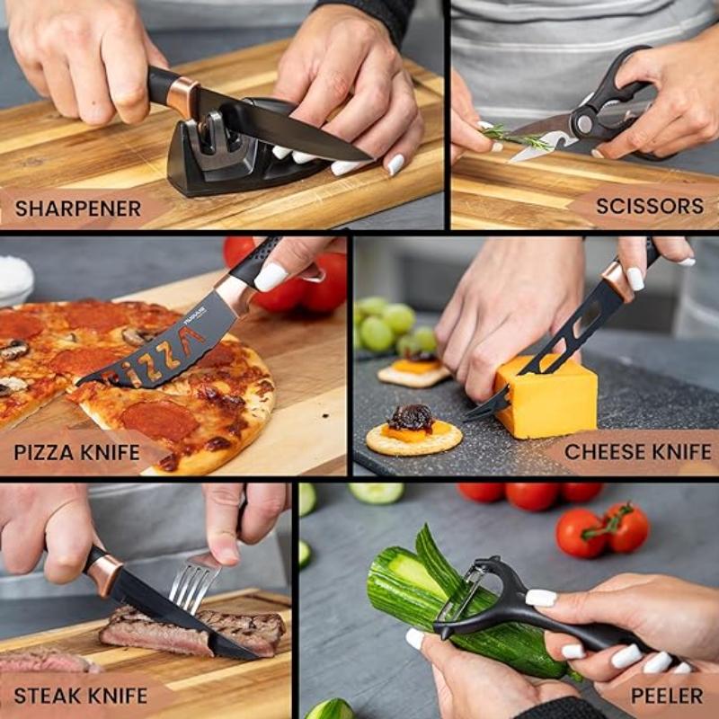 Professional Copper Kitchen Knife Set with Acrylic Block - 17 Pieces, by Nuovva