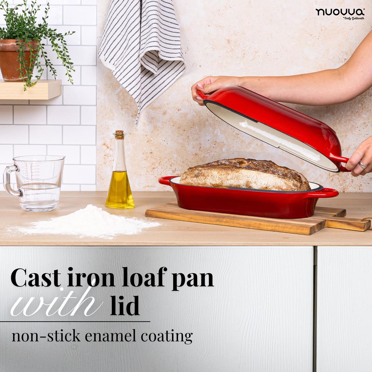 Red Enamelled Cast Iron Bread Loaf Pot, Non-Stick Dutch Oven - 32x14cm, By Nuovva