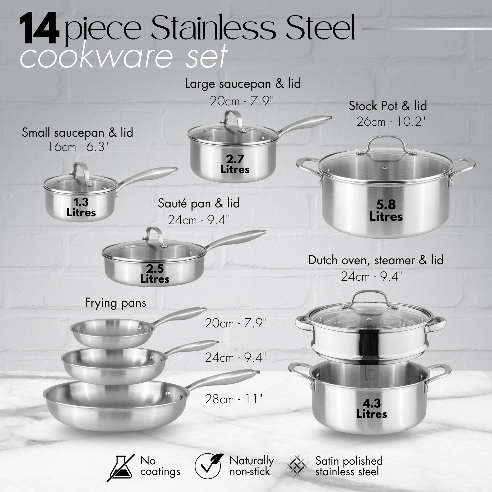 Stainless Steel Cookware Set of 17, 14, 8, 6, 5 with Lids – by Nuovva