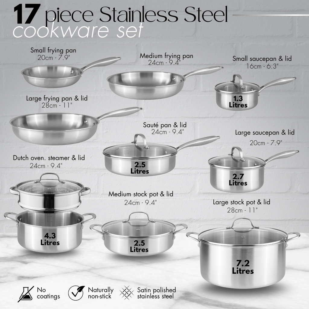 Stainless Steel Cookware Set of 17, 14, 8, 6, 5 with Lids – by Nuovva