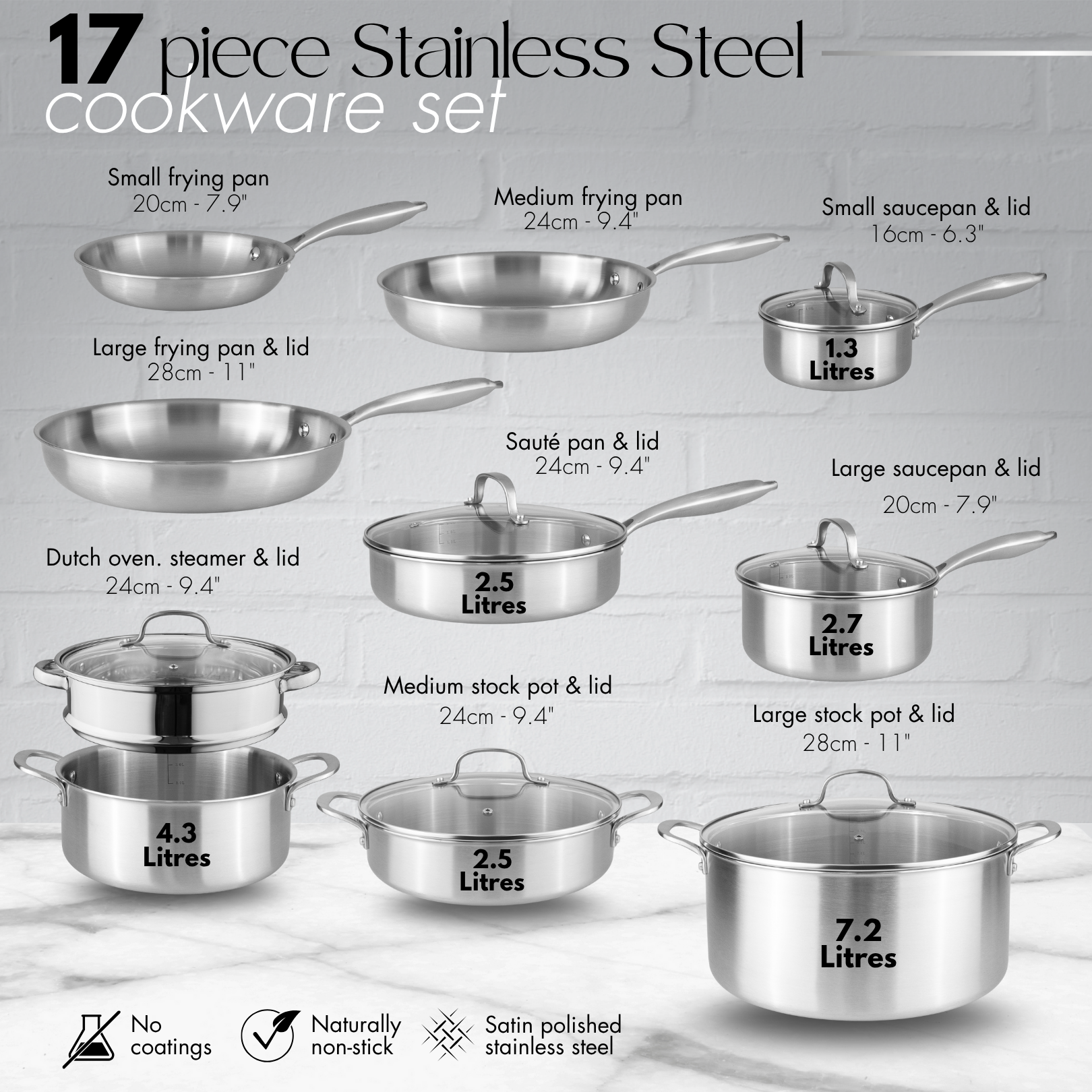 Stainless Steel Cookware Set of 17, 14, 8, 6, 5 with Lids – by Nuovva