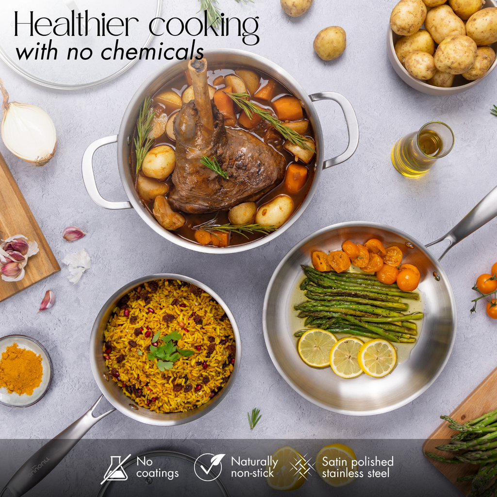 Stainless Steel Cookware Set of 17, 14, 8, 6, 5 with Lids – by Nuovva