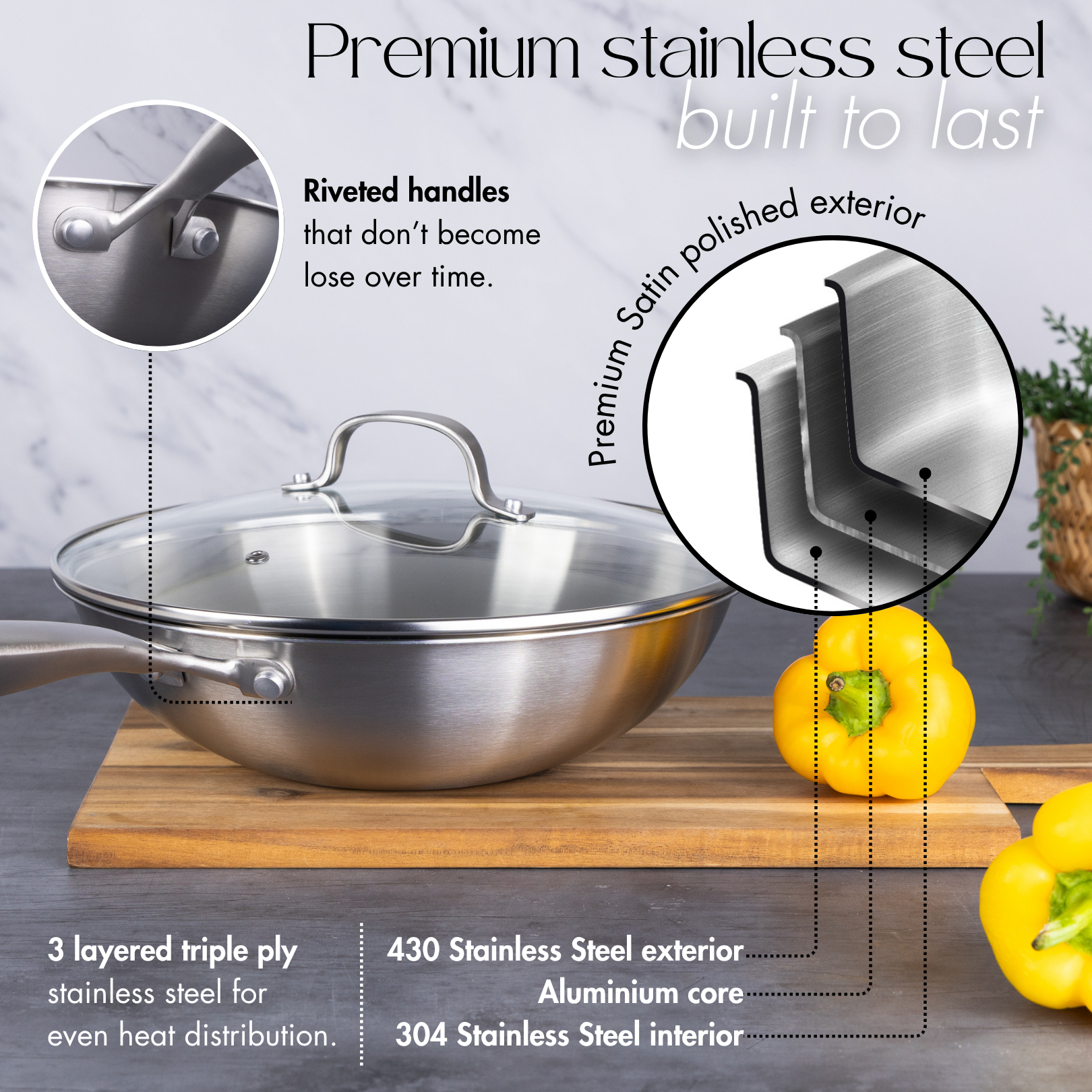 28cm Stainless Steel Non-Stick Wok with Glass Lid – Induction Safe – By Nuovva