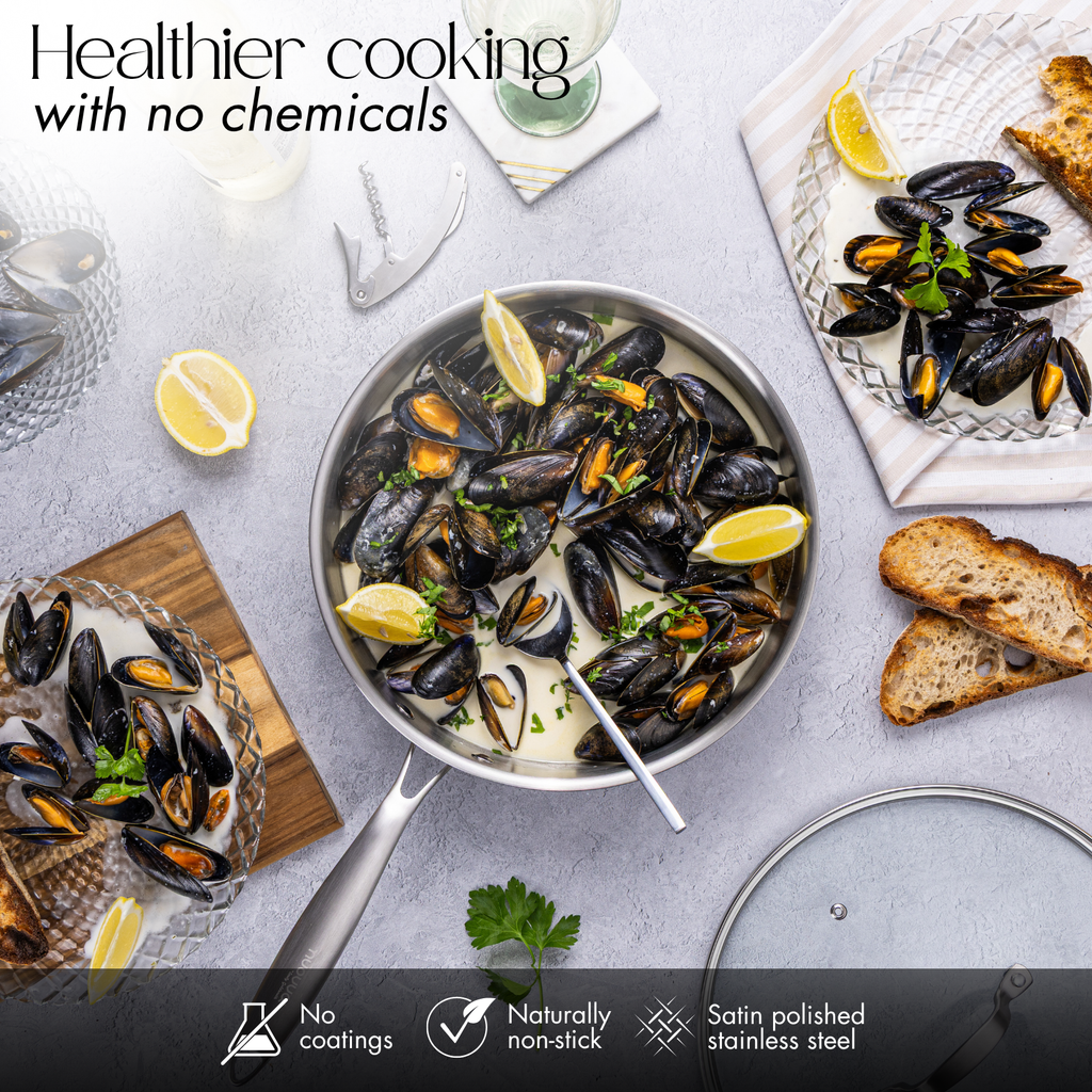 28cm Stainless Steel Sauté Pan with Glass Lid – Induction Safe – By Nuovva