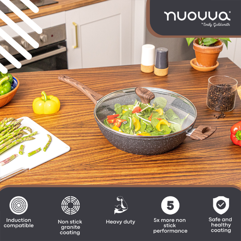 Induction Non-Stick Sauté Pan With Lid – 28cm (Multiple Colours) by Nuovva