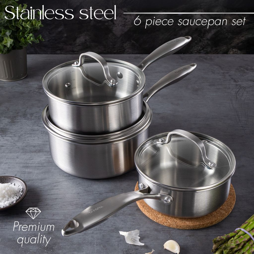 6Pcs Stainless Steel Saucepan Set – Induction Ready Pots with Glass Lids – By Nuovva