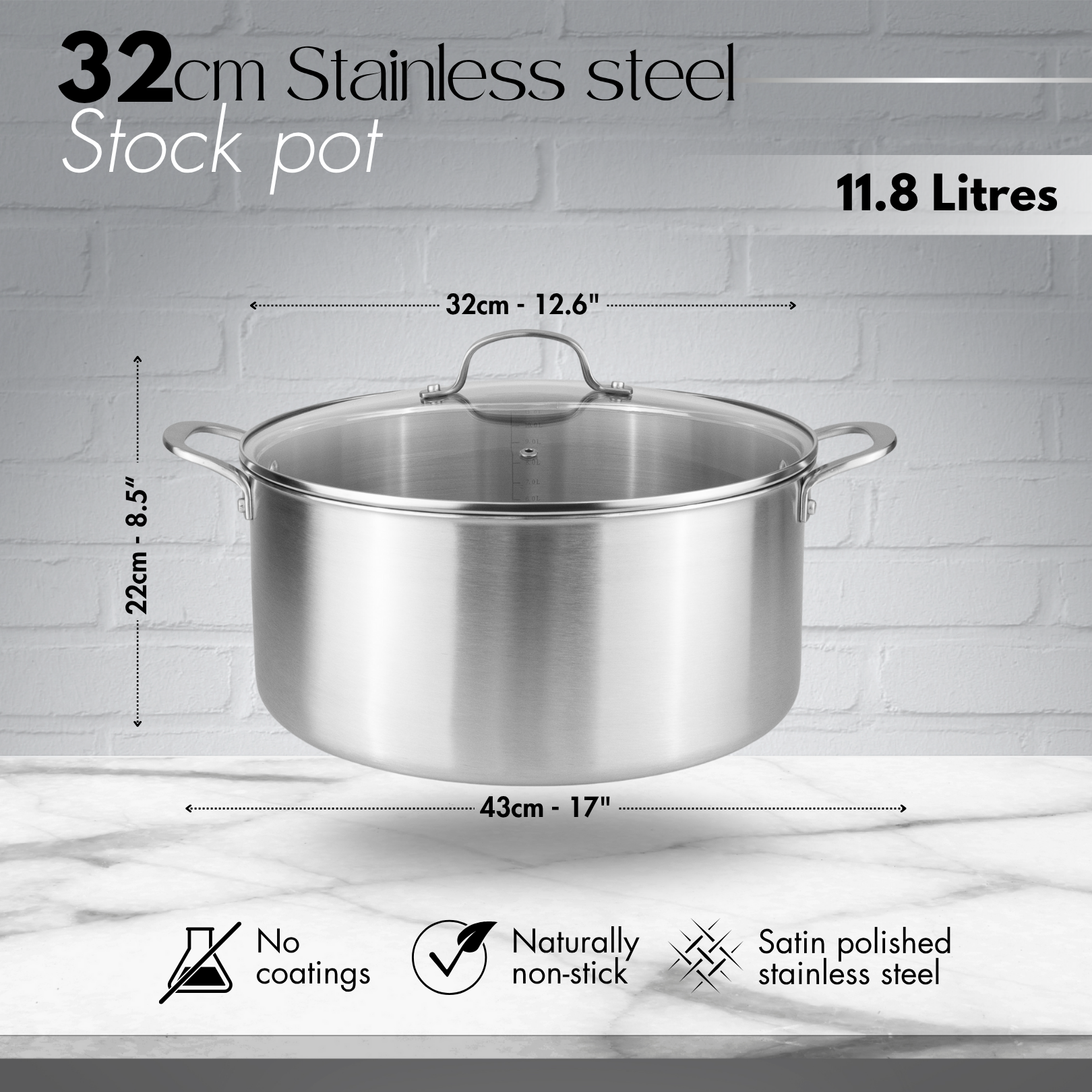 32cm Stainless Steel Stockpot with Glass Lid – Induction & Oven Safe ( 32cm 11.8L) – By Nuovva
